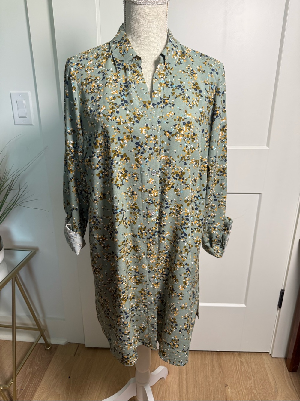 J.Jill Petite S Sage Green Floral Button Front Shirt Dress Tunic